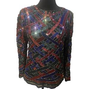 Vintage 80s Multicolor Lord and Taylor Sequin Silk Long Sleeve Top, Size S